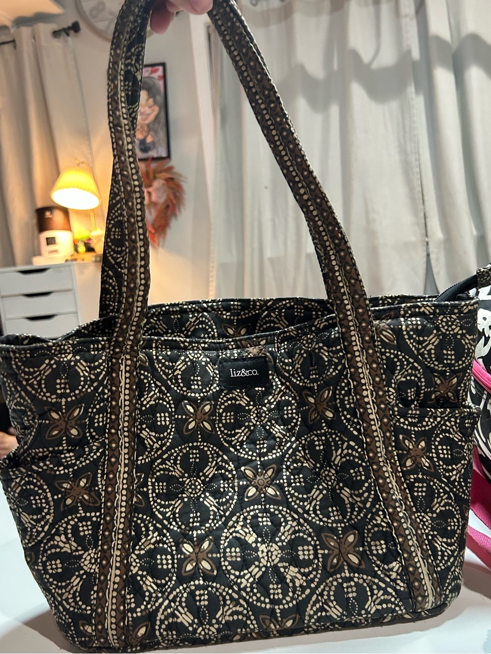 liz & co. Black and Brown Quilted Floral Medallion Tote